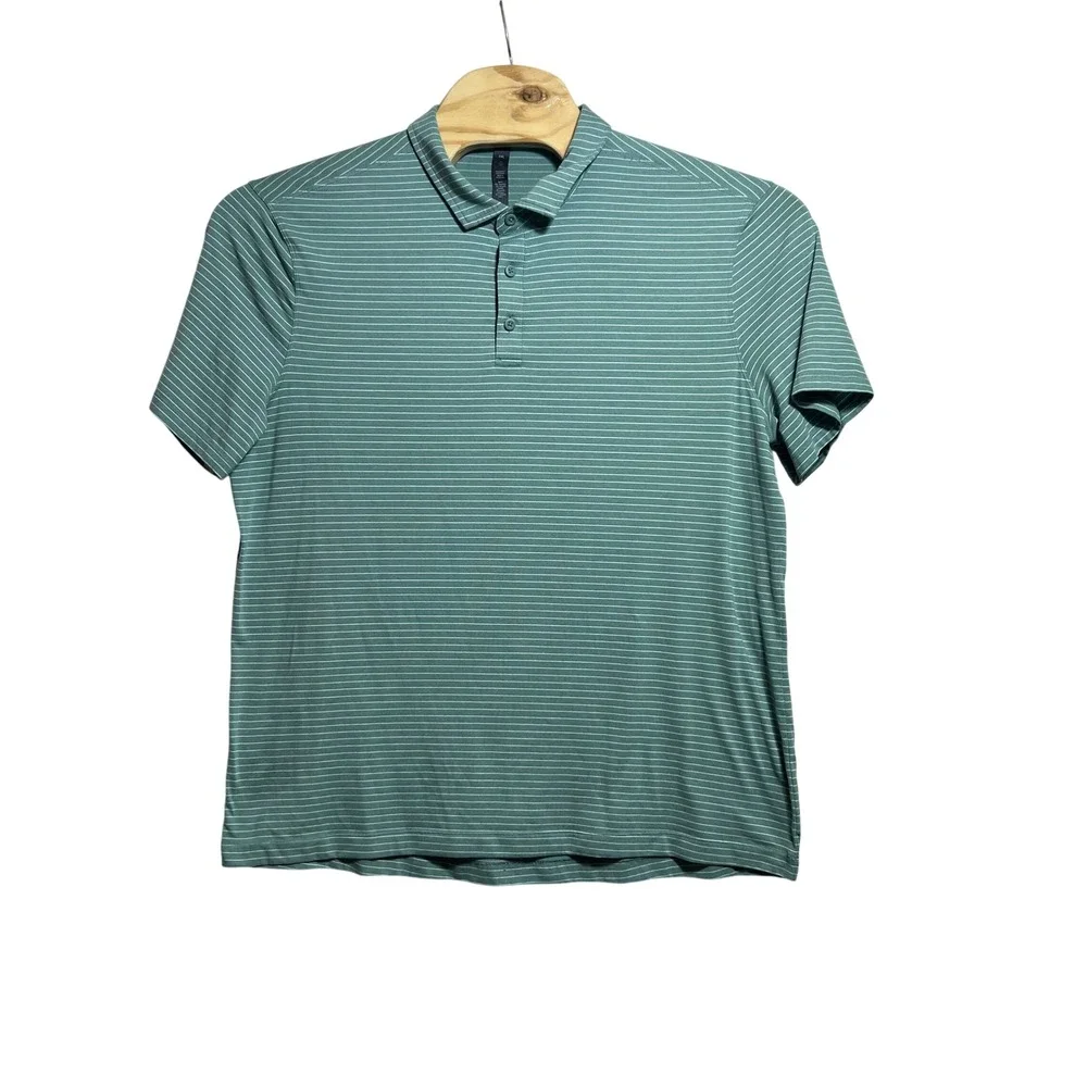 Lululemon Evolution Polo Mens XXL Sage‎ Green White Striped Short Sleeve Shirt
